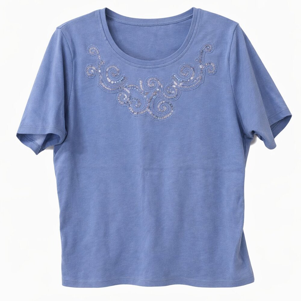 🦜Alia Short Sleeve Top in Blue with Sequin Detail - L
